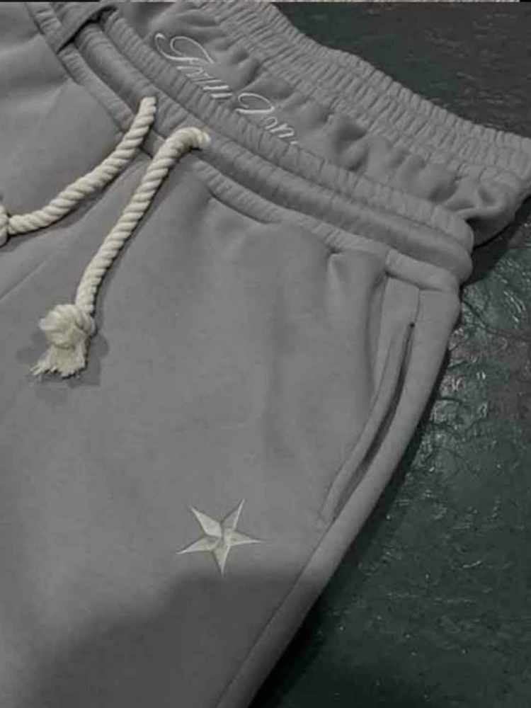 

HOUZHOU Vintage Y2k Sweatpants Double Waisted Letter Embroidered Wide Leg Pants Casual Fake Two Pieces Baggy Joggers Streetwear