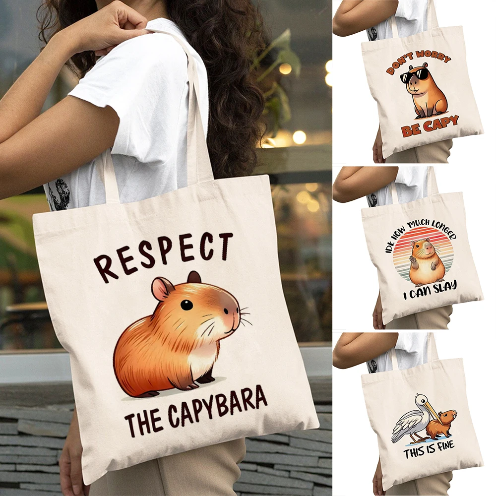 

Cartoon Capybara Lady Daily Use Bags Double Print Vibes Women Shopping Shoulder Handbag Respect Capybara Girl Shopper Bag 40x45