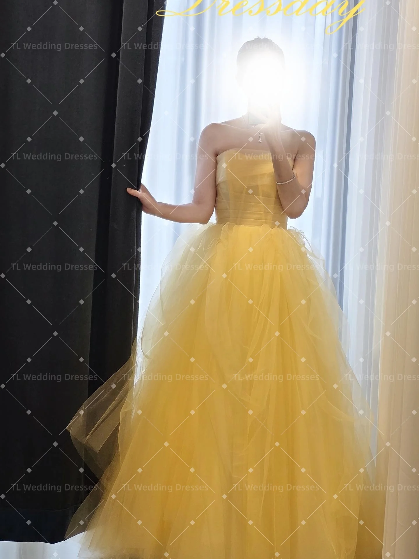 TL Customized 2027 Elegant Yellow Tulle Prom Dress Off Shoulder Cap Sleeves Tiered A-Line Evening Party Dress Custom Made
