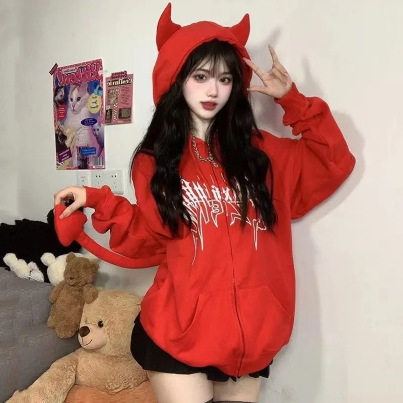 2024 Autumn Harajuku Hoodies Women Gothic Devil Horn Hooded Sweatshirt Halloween Cos Clothes Detachable Tail Zip-Up Outwear