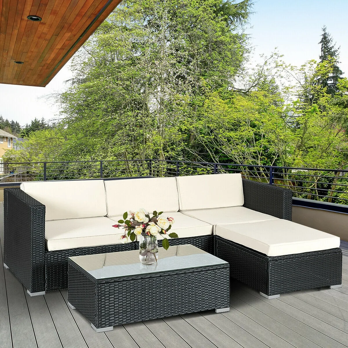 

5 PCS Patio Furniture Set Rattan Wicker Table Shelf Garden Sofa W/ Cushion Black