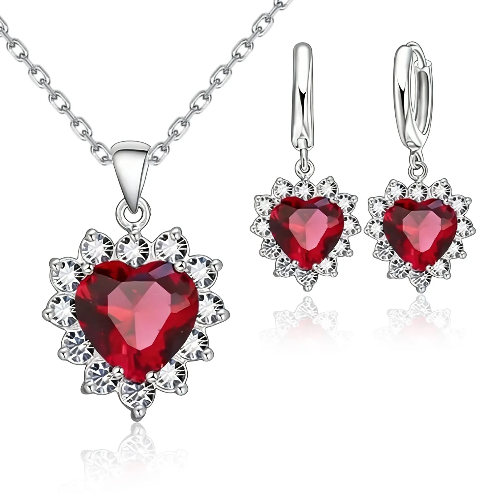 

Top Sale Wding Engagement Anniversary Gift Jewelry Sets 925 Silver Color Stamped Heart Pendant Hoop Earrings for Women Girls
