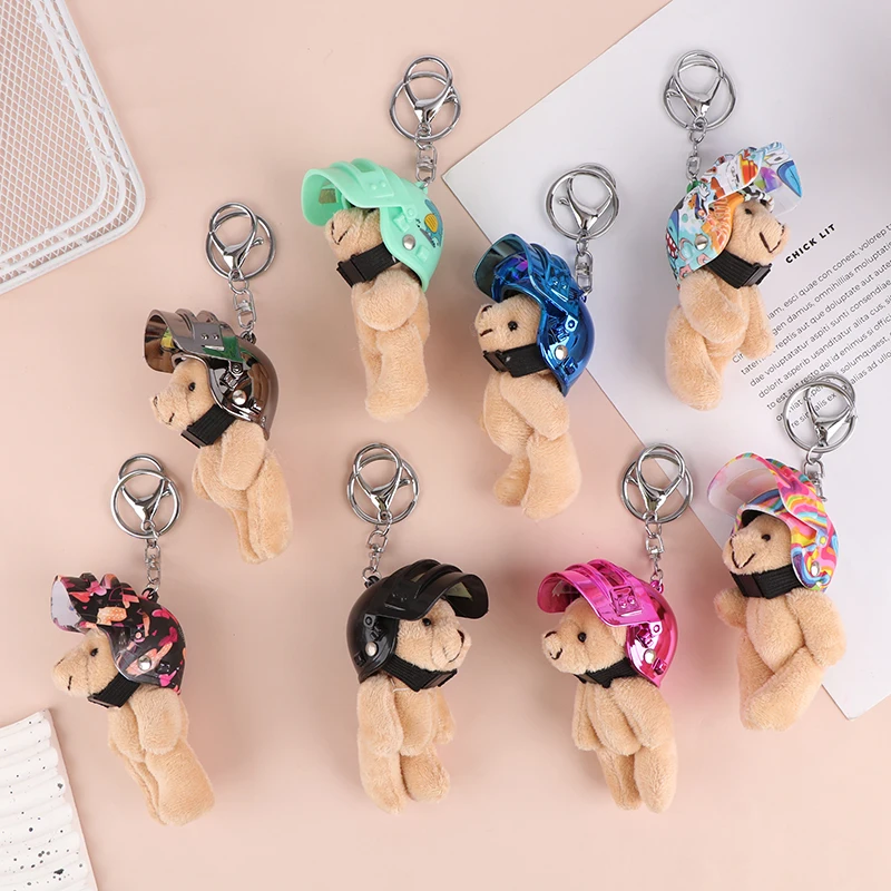 Lovely Helmeted Bear Plush Keychain Creative Cartoon Safety Helmet Bear Keyring Backpack Charm Bag Pendant Couple Gifts