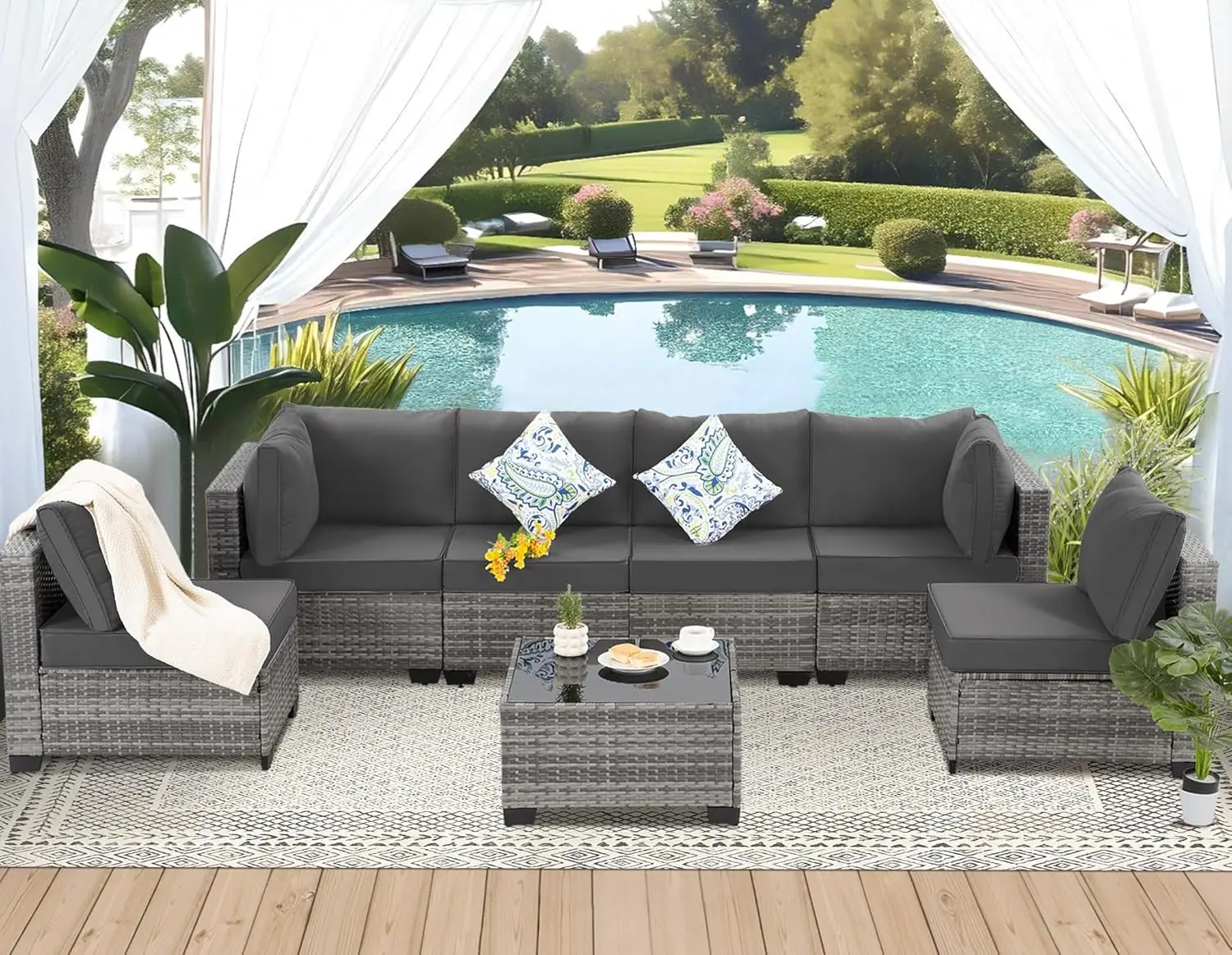 7 Piece Outdoor Wicker Rattan Patio Furniture Set Modular Sectional Sofa with Thick Cushions Coffee ized for Backyar