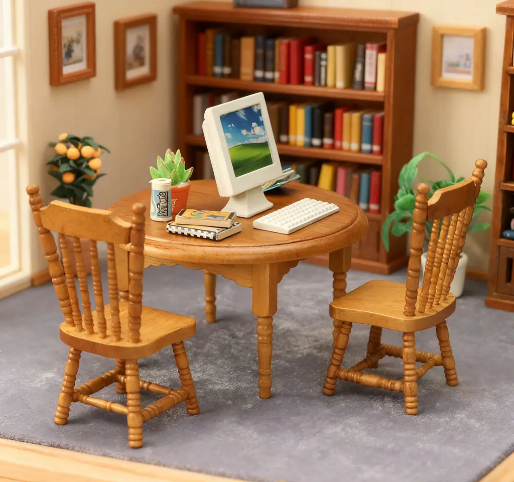 

Мини-мебель для кукольного домика 1:12 — стол и стулья из каштанового дерева в стиле AI, деревянный мини-декор сцены для кукольного домика