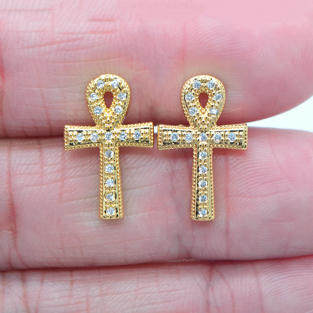 Fashion Gold Color Women Clear Cubic Zirconia CZ Egyptian Ankh Cross Stud Earrings Jewelry