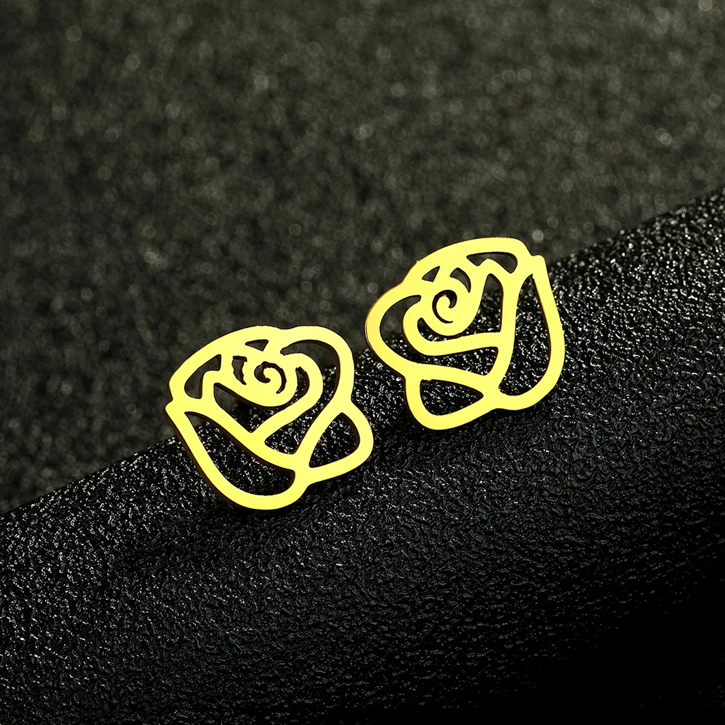 Exquisite Rose Flower Stud Earrings for Women Fashion Gold Color Cartilage Stainless Steel Waterproof Jewelry Hollow Line Charms