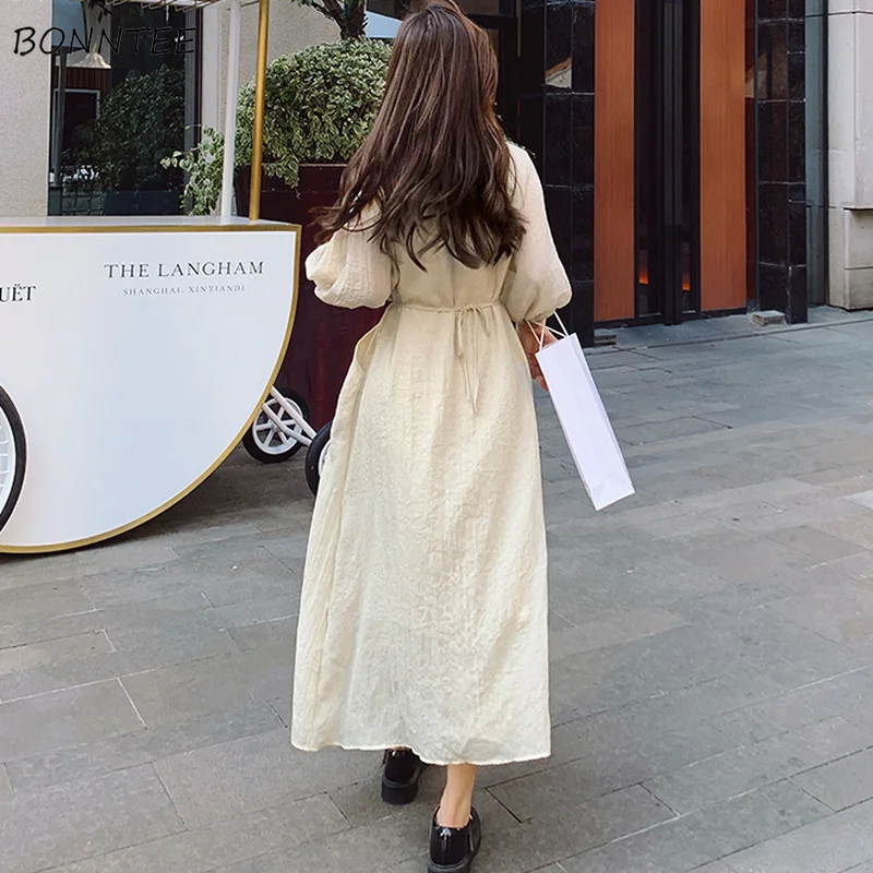 Jurk Dames V-hals Zakken Tender Retro Franse stijl Vintage Losse All-match Eenvoudig Gezellig Effen Vrije tijd Dame Bladerdeeg Mouw Vestido