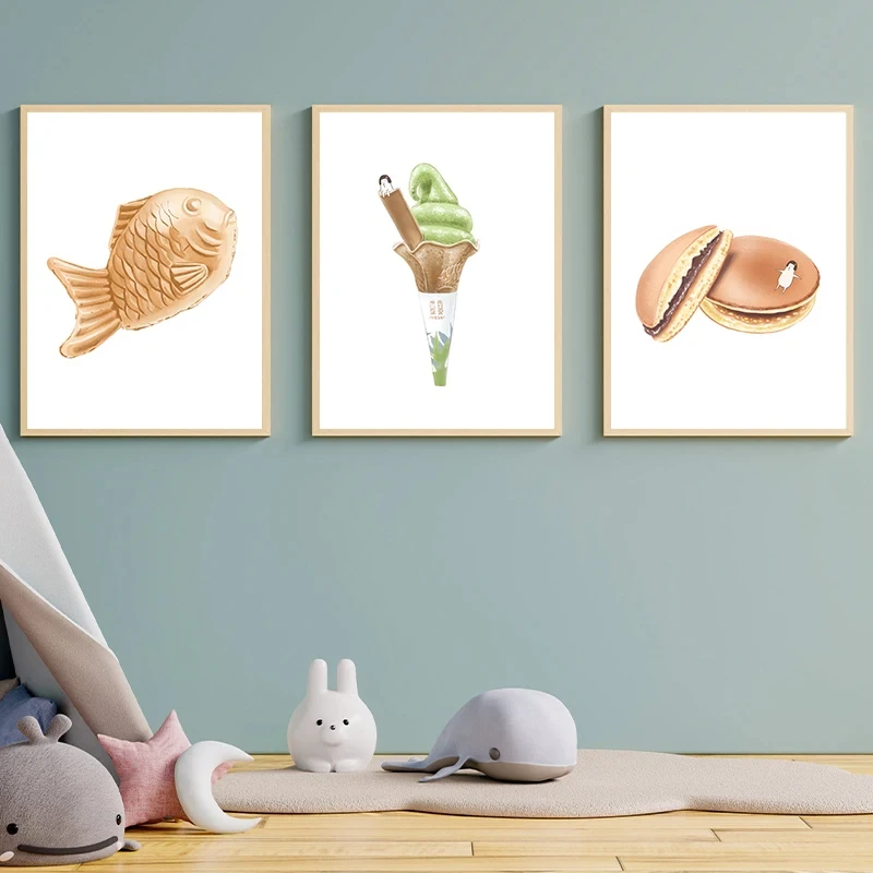 Food Watercolour Dessert Cartoon Art Posters Pudding Taiyaki Prints Canvas Printing Wall Picture for Kitchen Cafe Decor Gifts