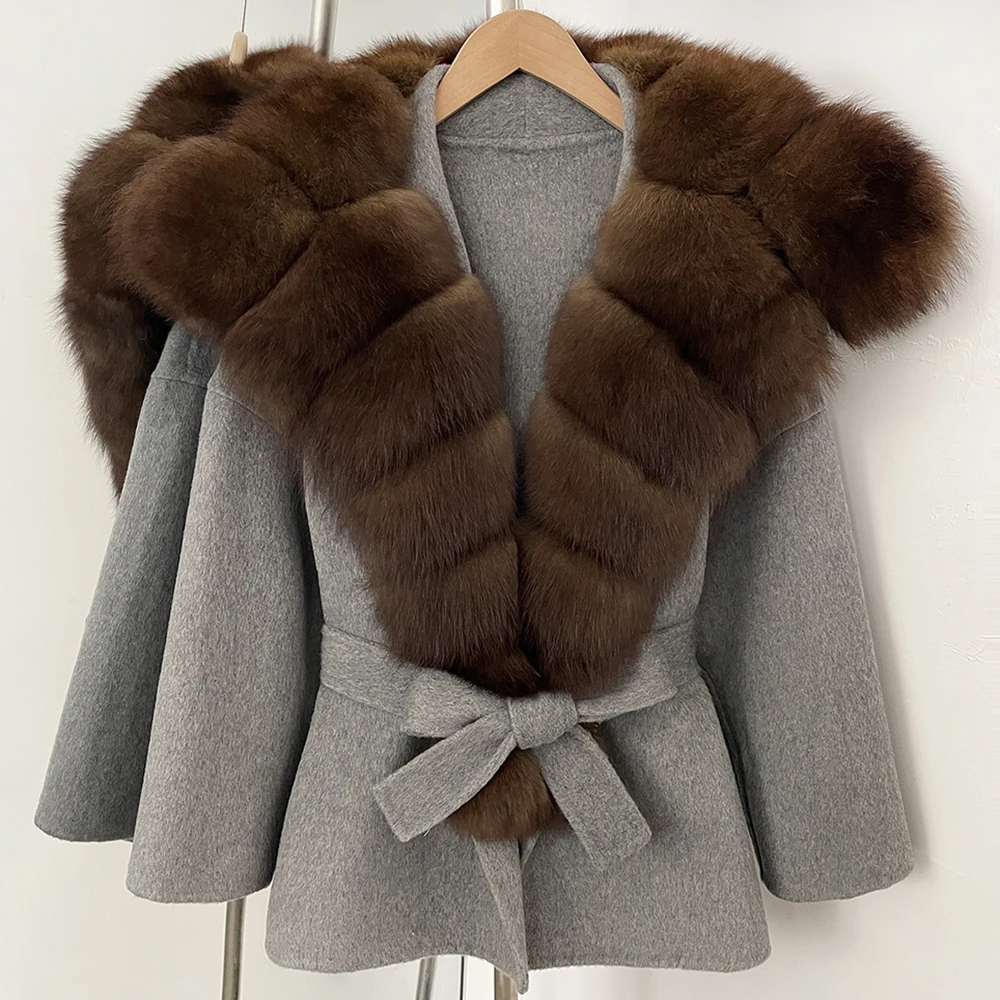 OFTBUY Modische Lässige Neue Herbst-Winter-Wollkleidung für Damen, Gürtel, Echter Fuchspelz, Wolljacke, Warmer Natürlicher Pelz-Wollmantel für Damen – Detail 15
