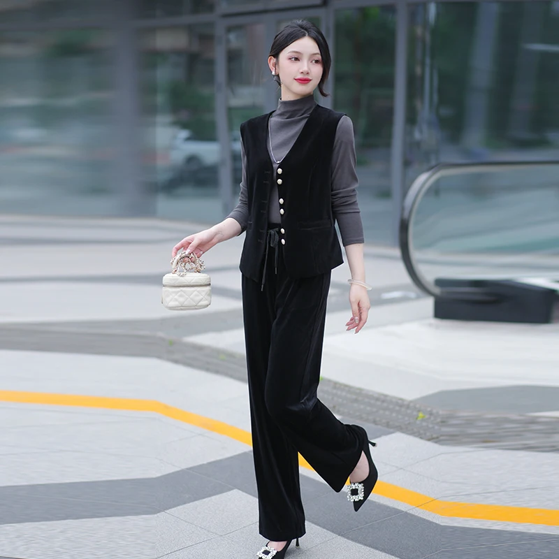 

Новый бархатный топ Jaet, широкие брюки, комплект из двух предметов, высококачественный жилет на бретелях, золотой бархатный жилет, женский модный жилет для поездок на работу