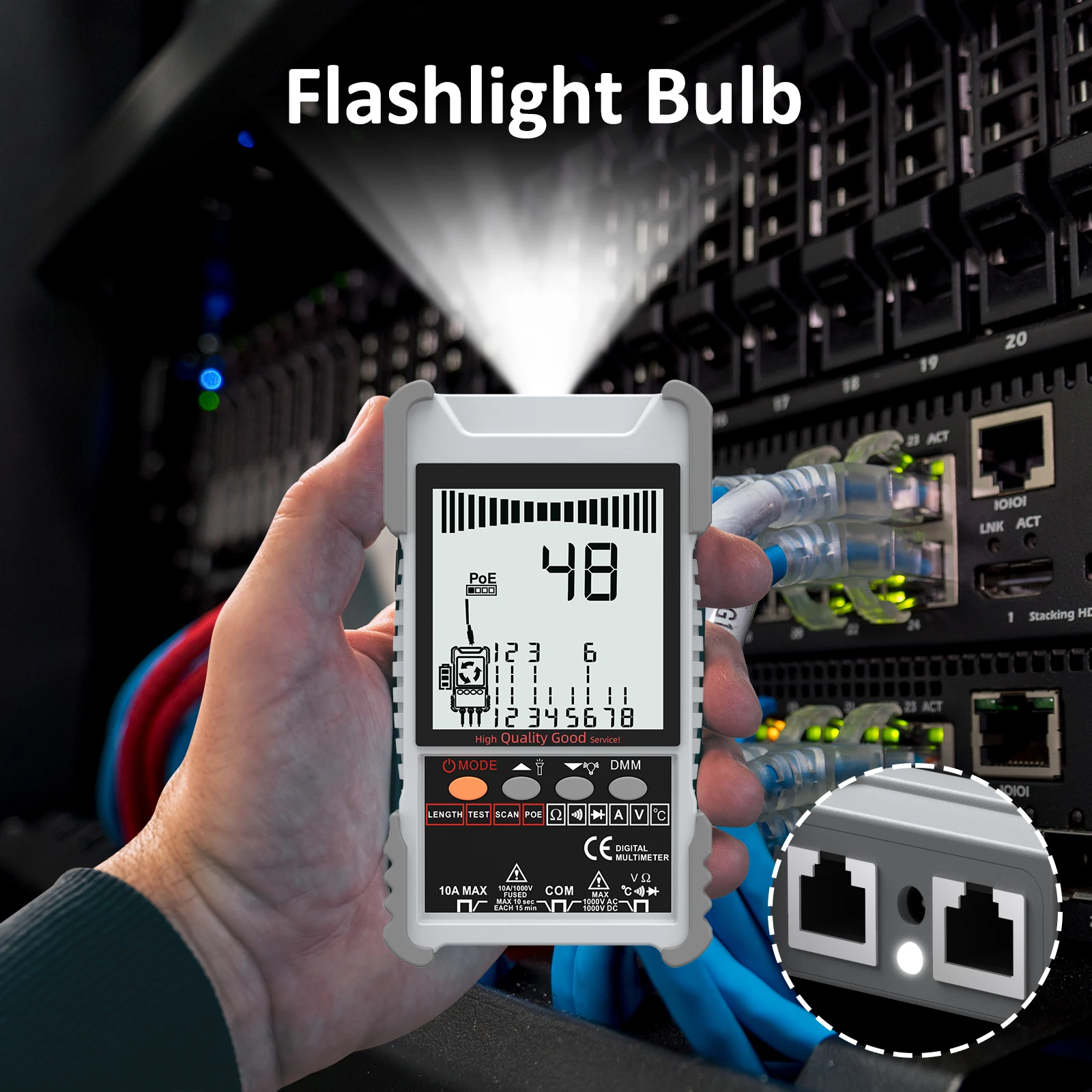 Testeur de câble réseau intelligent LCD et multimètre numérique, testeur de câble Ethernet multifonctionnel, testeur de tension PoE, port flash