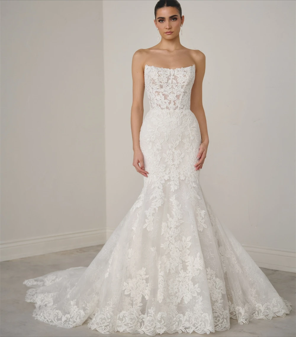 

Customized Charming White Lace Wedding Dress Modern Strapless Sleeveless Bridal Gowns Boho Mermaid Court Train Vestido De Novia