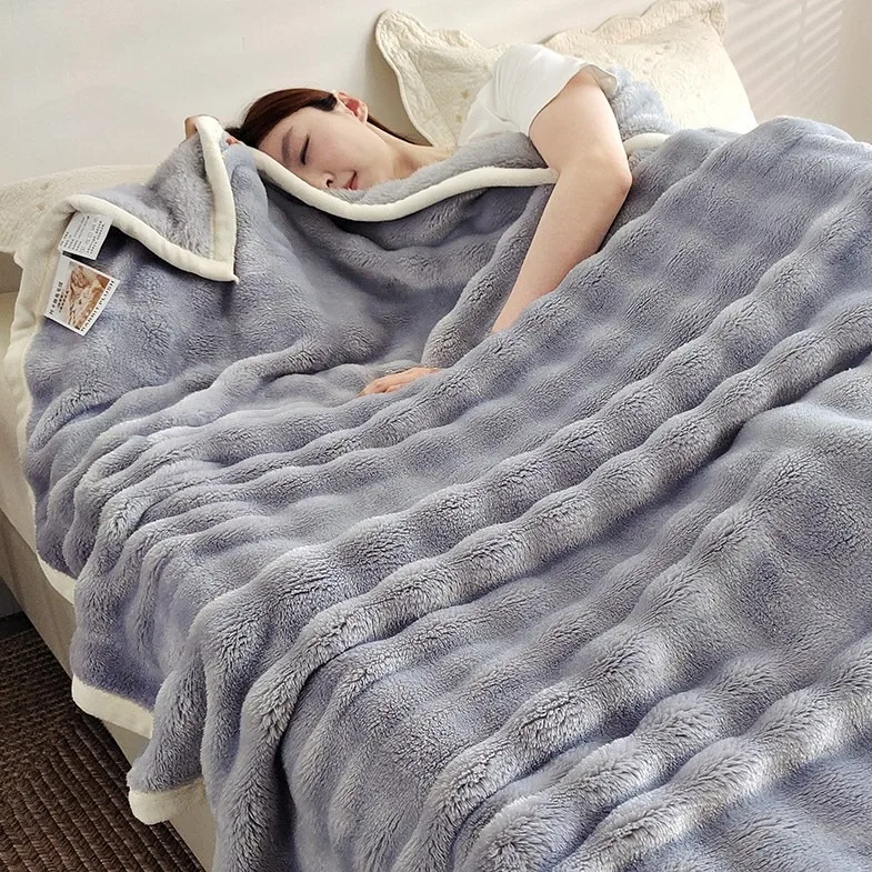 

1 Piece Luxury Milk Rabbit Plush Blanket Thick Warm Gift Set Birthday Present for Girlfriend Home Travel Nap Throw Light Purple