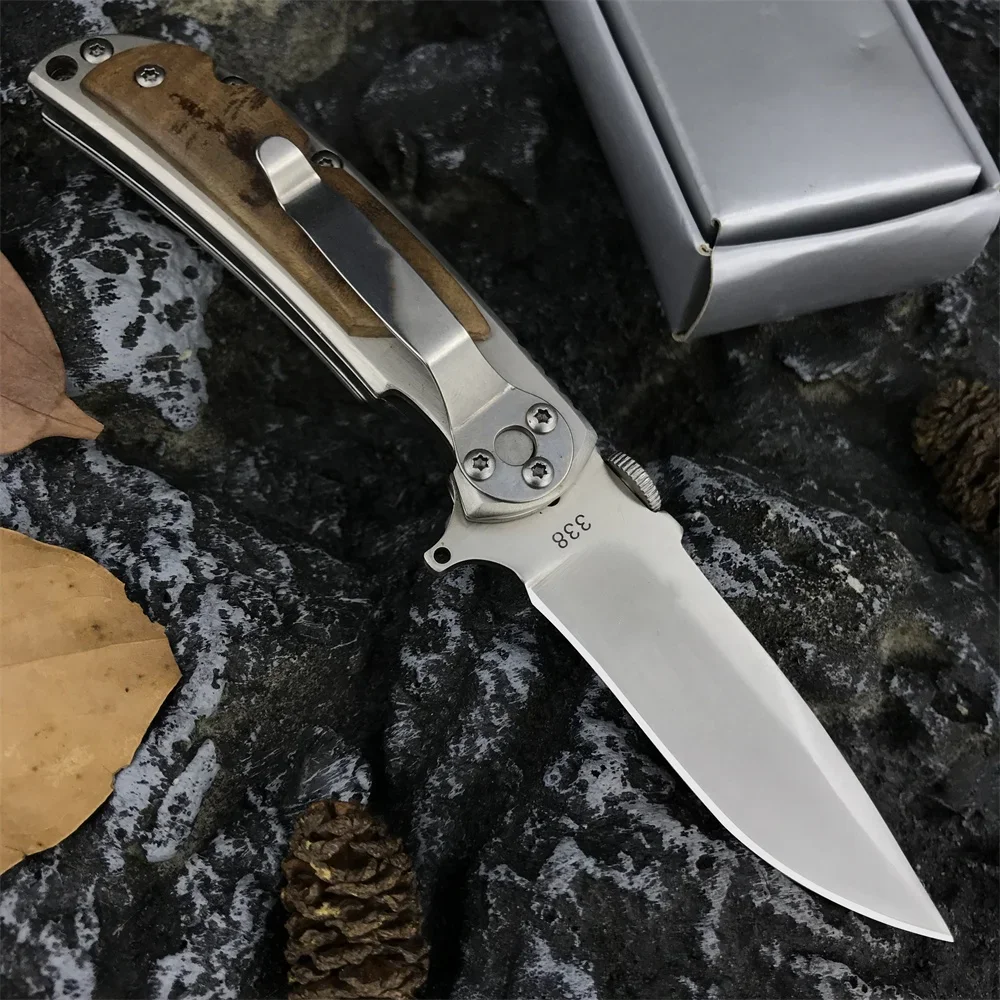 High Quality Folding Knife 338 440C Blade 420 Steel Inlaid with White Shadow Wood Handle Outdoor EDC Survival Hunting Tool