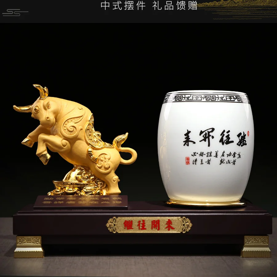 2022 Company home shop thriving business Money Good luck Fortune Success gold bull brass Sculpture office pen holder Ornament