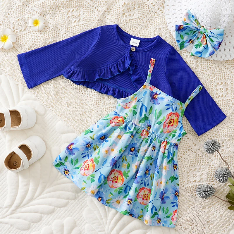 

Newborn Clothes With Rose Flower Full Print Comfortable 0-18 Girls Summer Suspender Baby Dress+Coat+Hat Three Piece Set
