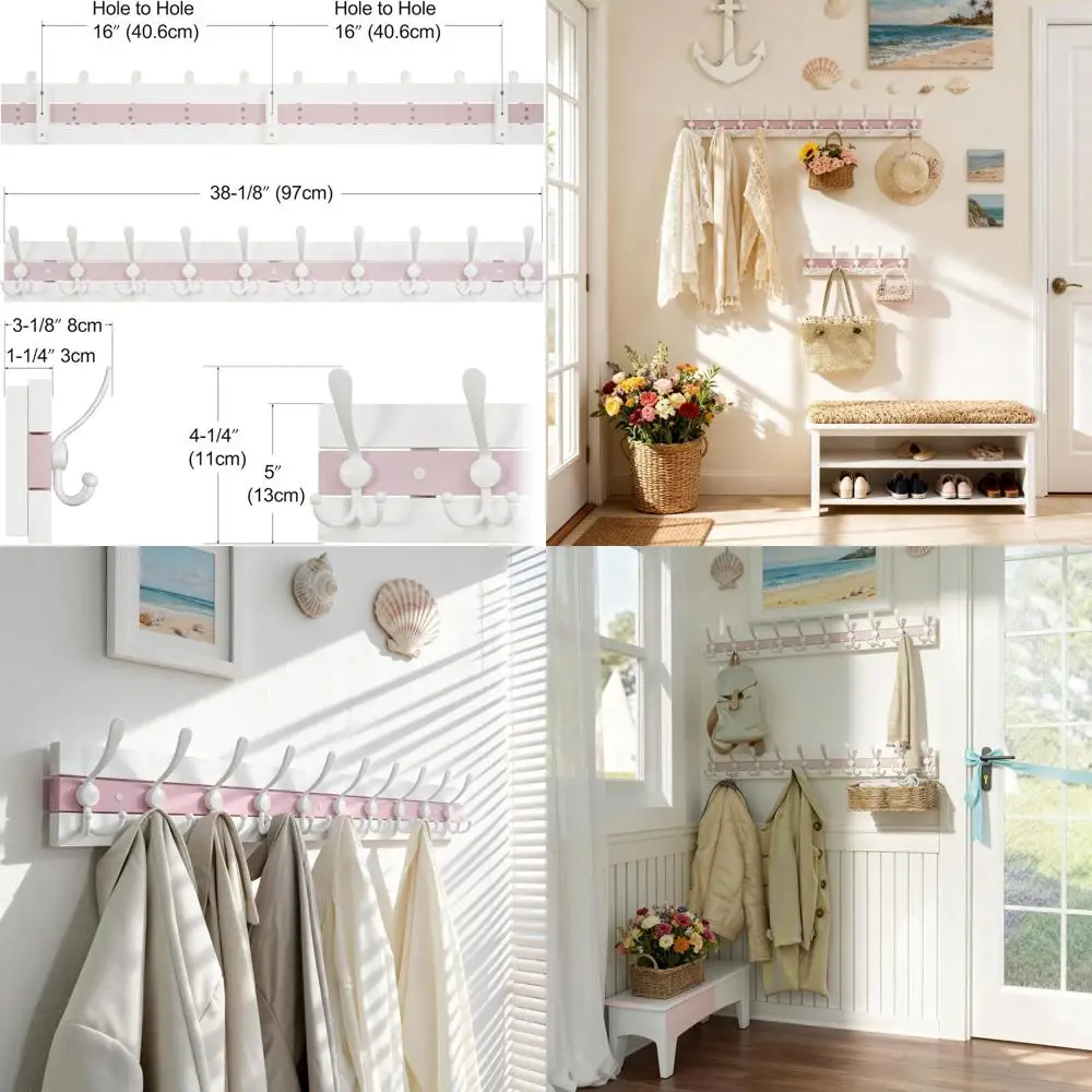

10-Hook Wall-Mounted Wooden Coat Rack, Beach House Style, White & Pink, Ideal for Entryway