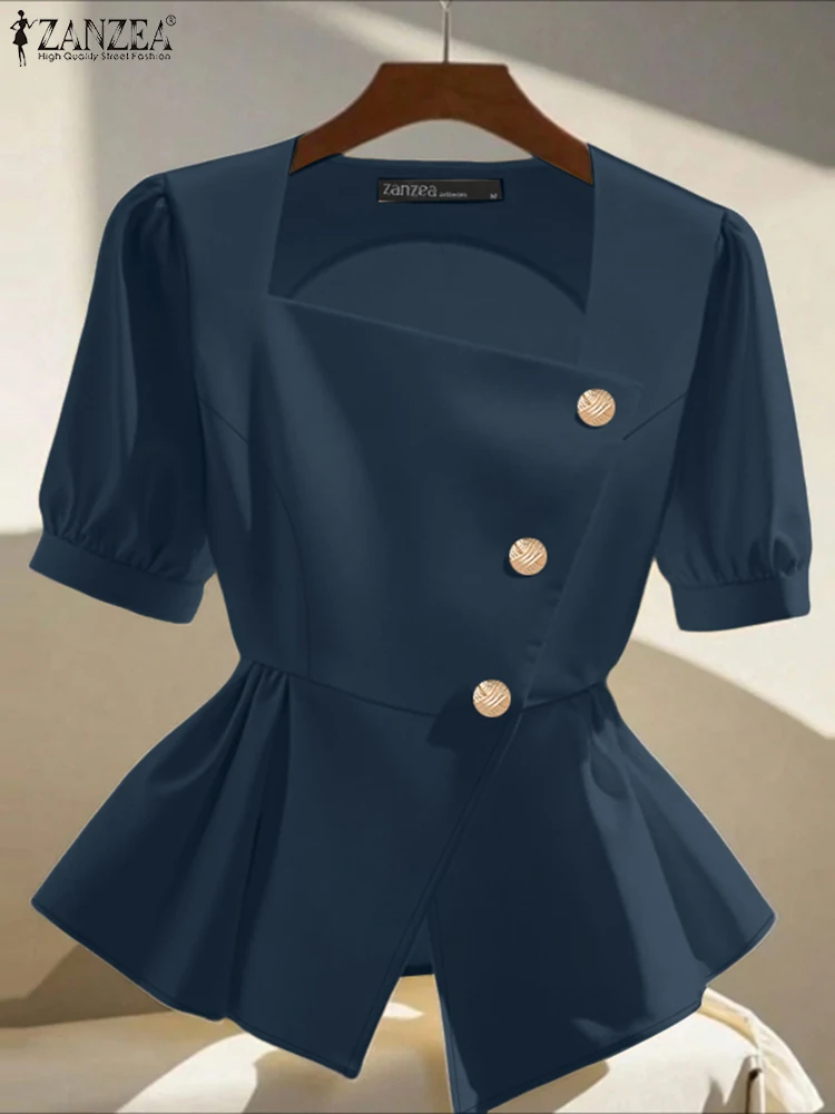 

ZANZEA 2022, элегантные рабочие блузки с пышными рукавами, женские летние рубашки с квадратным вырезом, стильные однотонные туники на пуговицах, топы с талией, OL Blusas