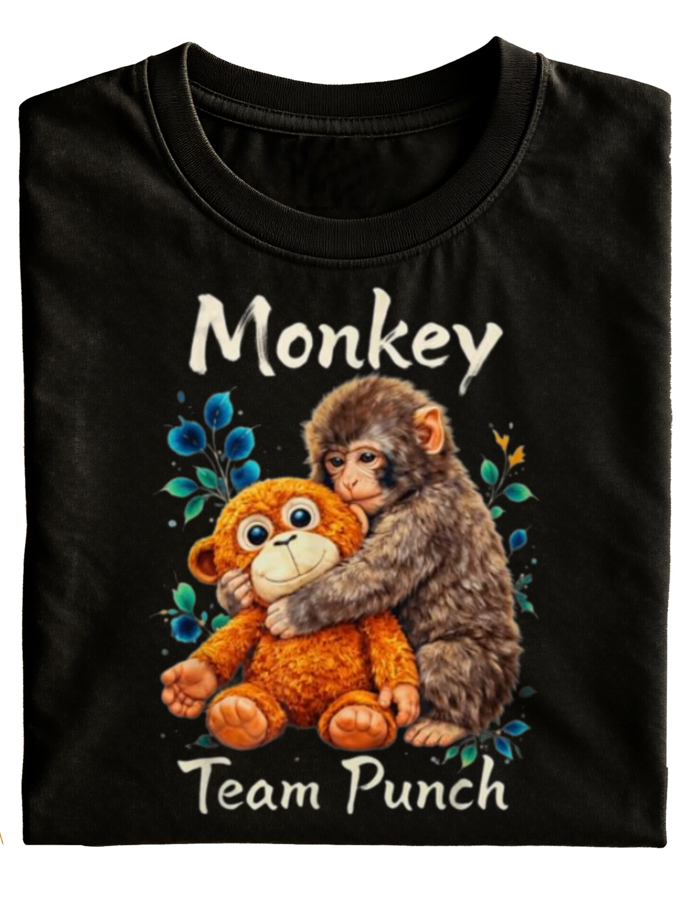 Team Punch New Style Funny Neutral T Shirt Black Monkey Hugging Teddy Bear with Text Monkey Team Punch Design Perfect for Casual Attire And Gift Ideas   Fashionable Casual Look Short Sleeve, PLUS SIZE