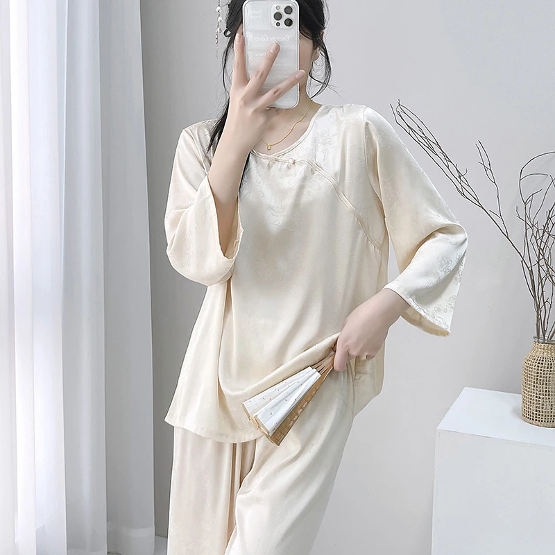 Two Piece Set of Round Neck Long Sleeved Top and Pants Spring Thin Pajamas Suit Ice Silk Sleepwear Casual Home Clothes for Women