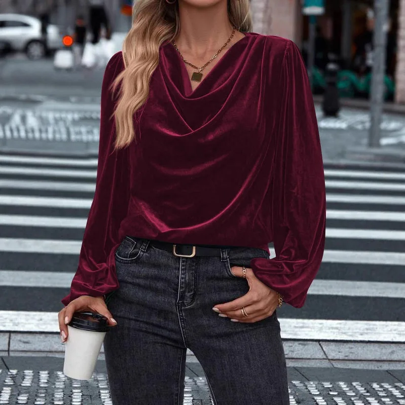 

Женские бархатные блузки с длинным рукавом, полуводолазка, винтажная велюровая блузка, женские весенне-осенние топы, Blusas Mujer, 11 цветов, черный