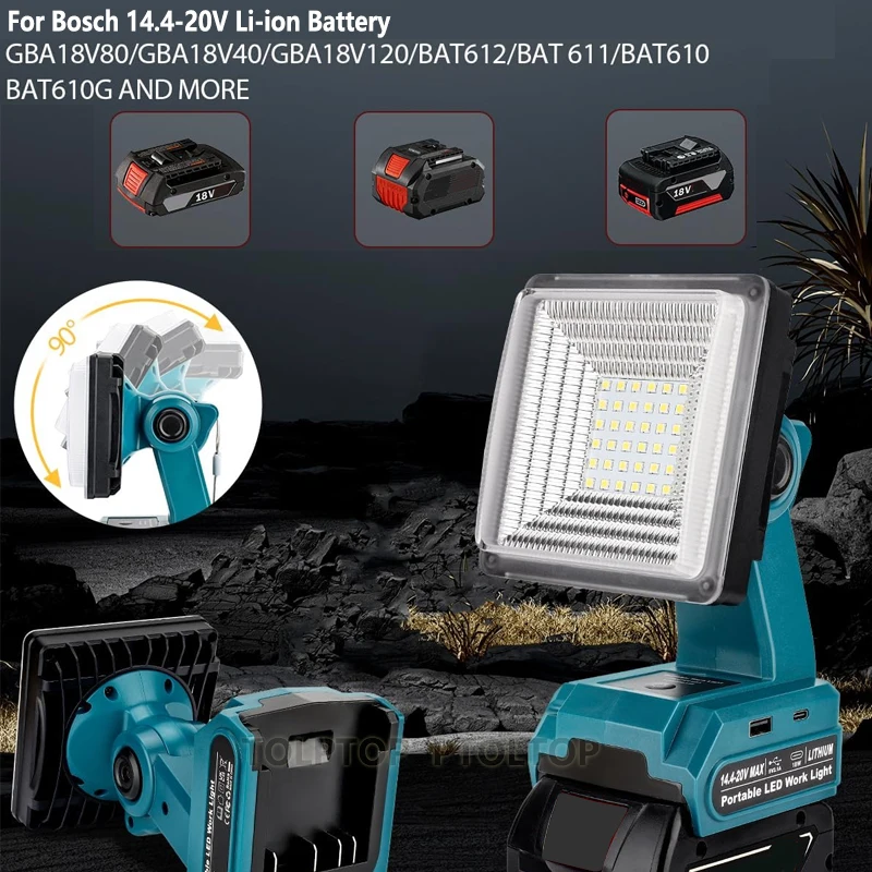 50W Cordless Work Light LED Flashlight For Bosch 18V Battery Highest 4200LM Spotlight USB Type-C Desk Lamp forCamping, Emergency