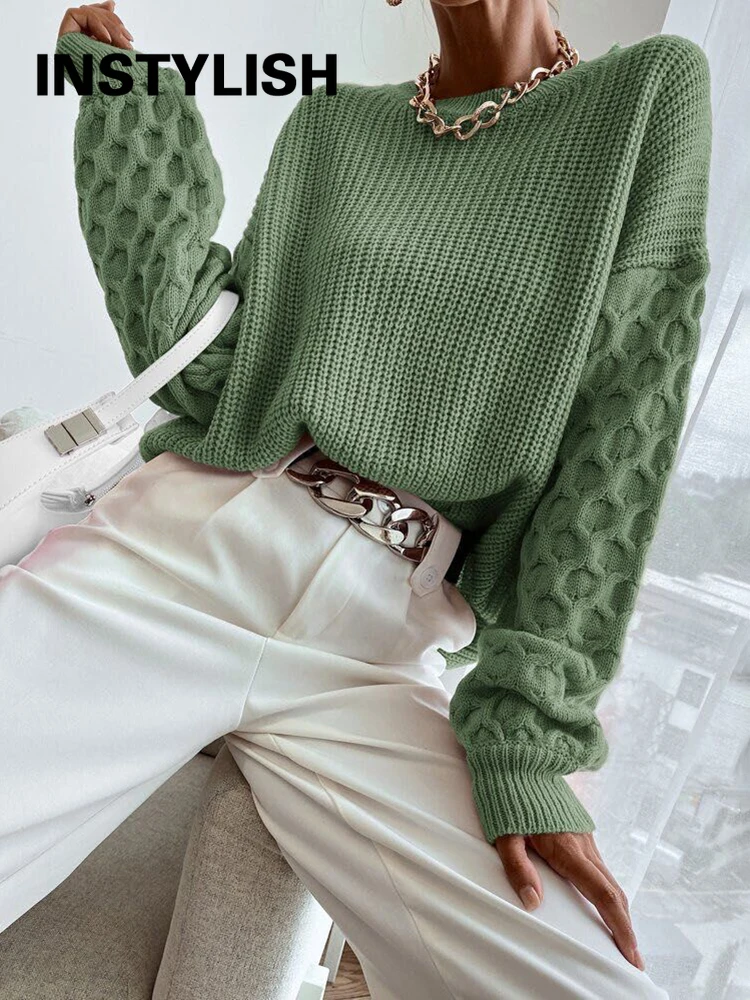 Women Vintage Lantern Sleeve Sweater Autumn O Neck Loose Pullover Elegant Harajuku Knitted Jumpers Casual Patchwork Knitting Top