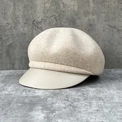 Fashion Korean leather eaves woolen duck tongue octagon hat British temperament autumn and winter top hat painter's hat