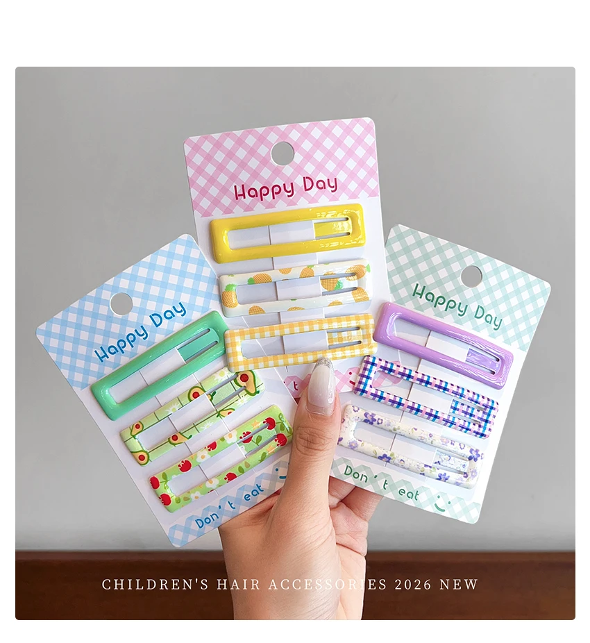 Neue koreanische 3-teilige Haarspangen-Sets mit kariertem, floralem und fruchtigem Muster für Frauen, Mädchen und Kinder, BB-Haarspangen, Mädchen-Haaraccessoires – Detail 2