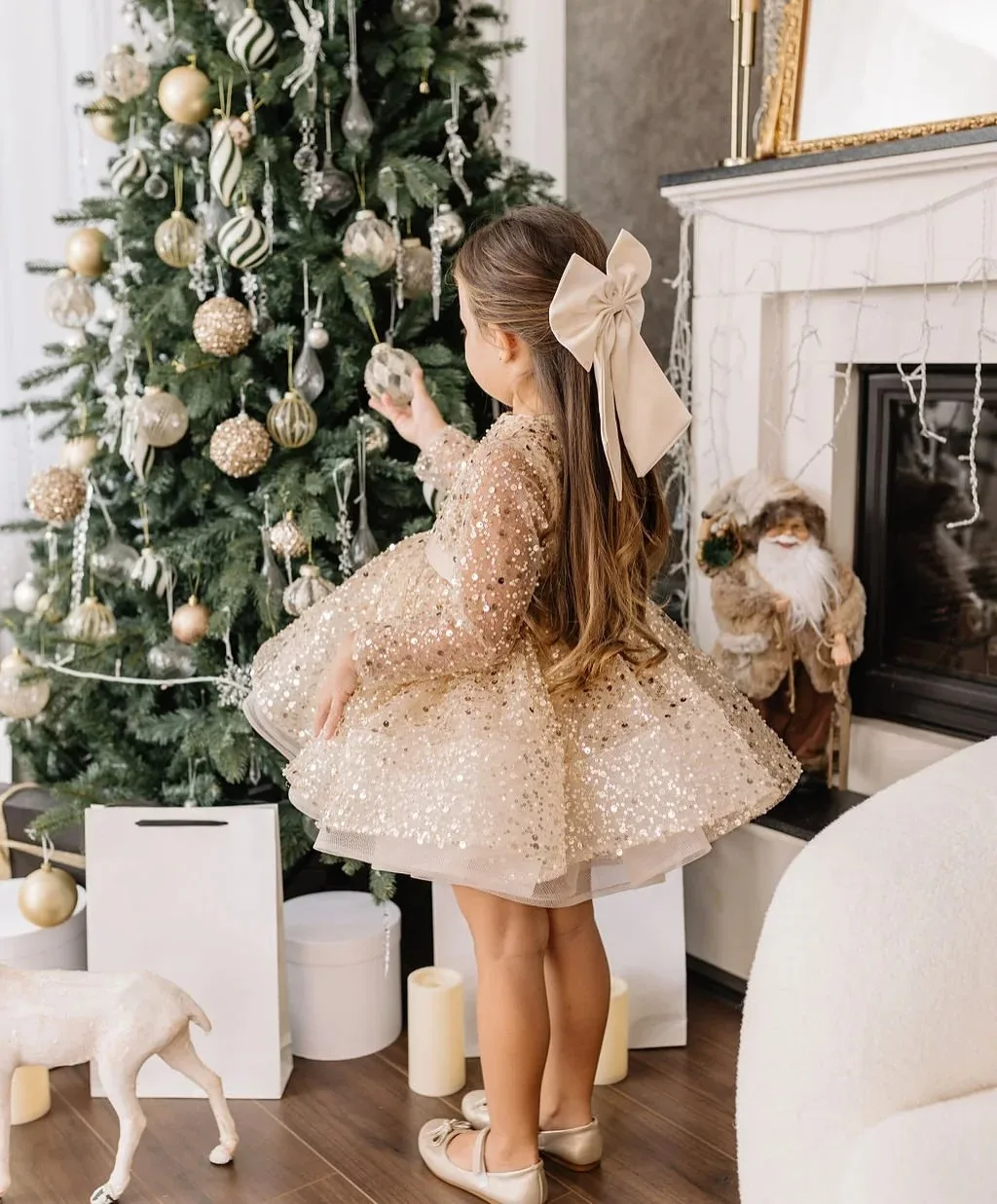 Vestido champanhe personalizado para meninas, lantejoulas brilhantes na altura do joelho, bola de primeira comunhão, cerimônia de aniversário, formatura, festa de casamento