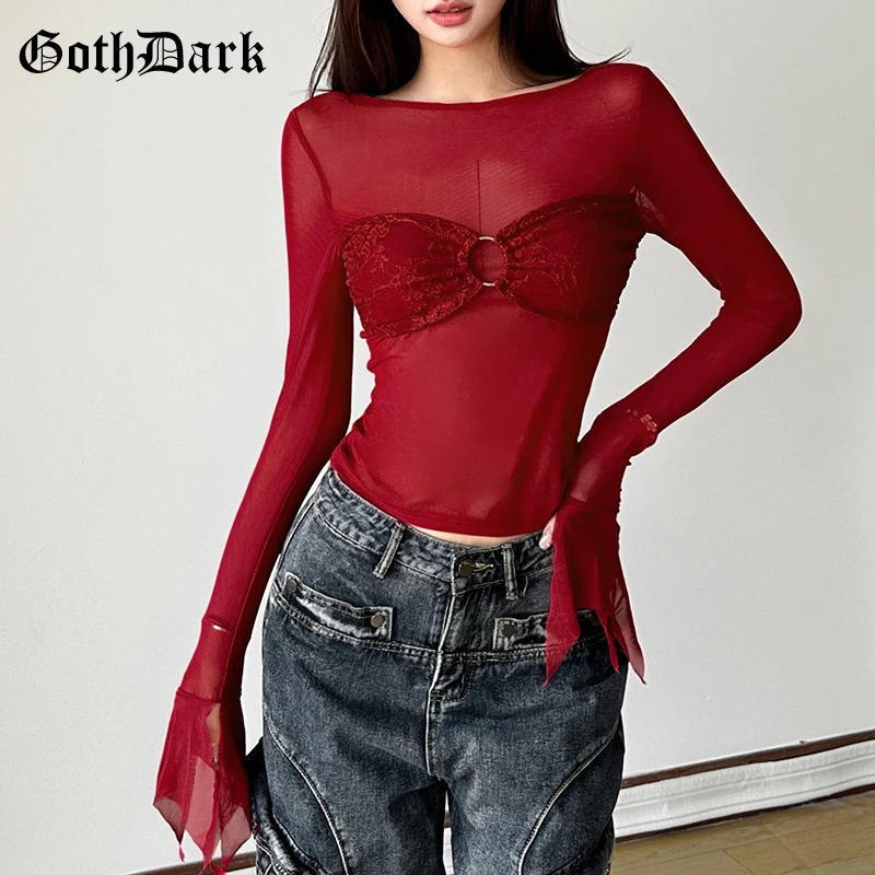 Goth Dark Y2K Aesthetics Women Mesh Sheer Crop Tops Hotsweet Lace Splic Slim T-shirts E-girl Sexy Clubwear See through Blouses