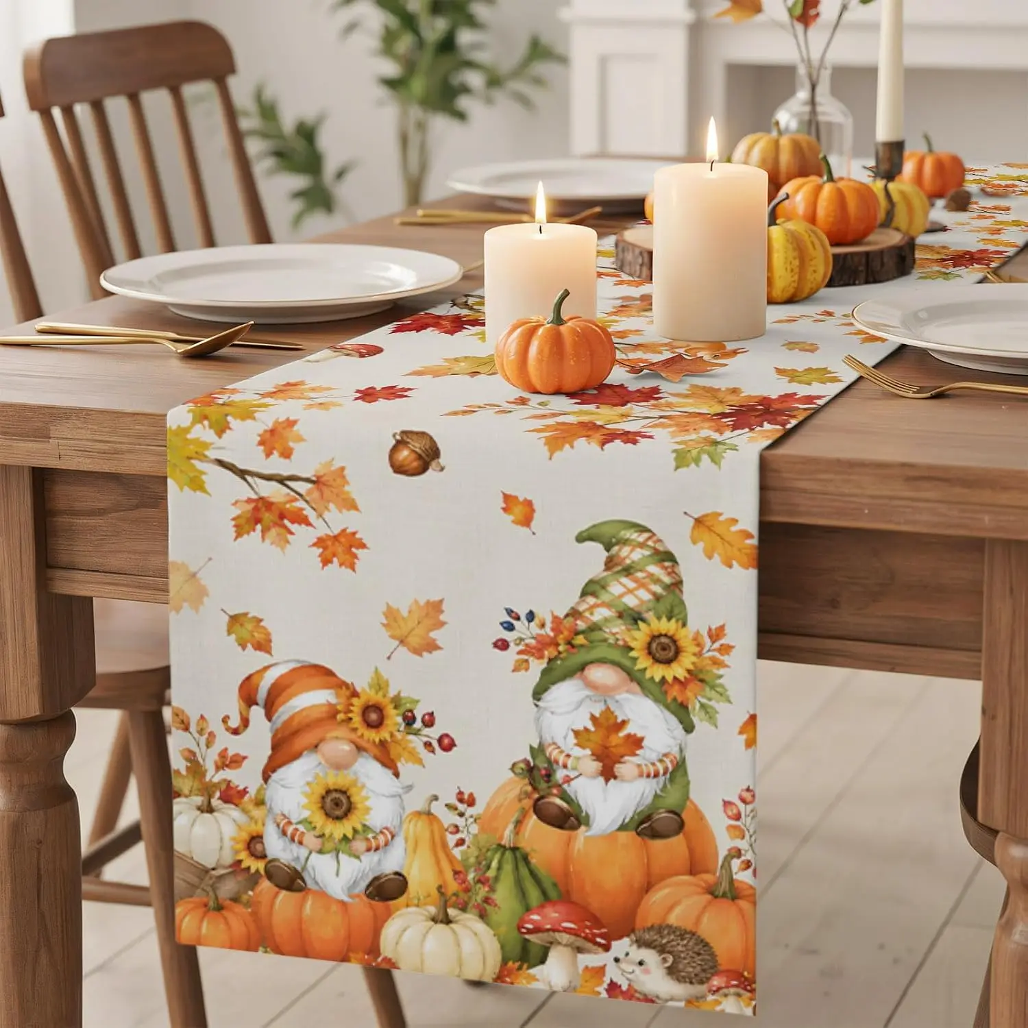 Fall Pumpkins Gnomes Maple Leaf Linen Table Runner Holiday Party Decor Washable Kitchen Dining Table Runner Autumn Decorations