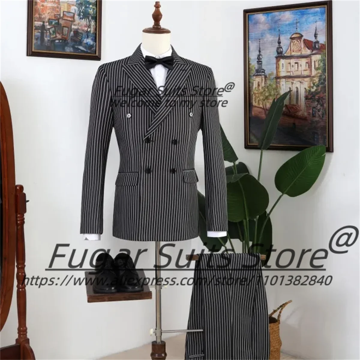 Custome Made Black Stripe Men Suits Slim Fit Double Breated Groom Prom Tuxedos 2 Pieces Sets Handsome Male Blazers Costume Homme