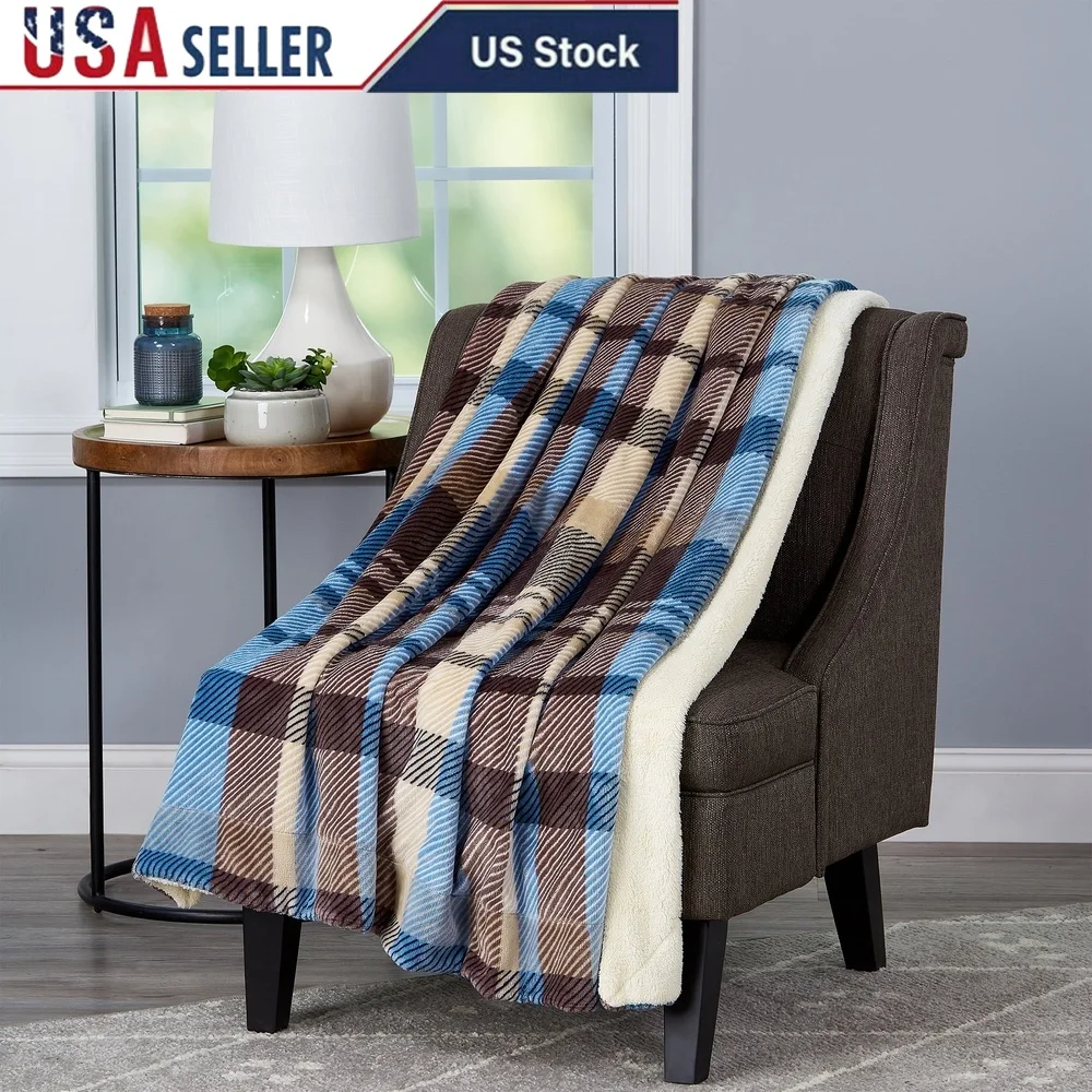 

Oversized Plush Sherpa Fleece Throw Blanket Cozy Woven Polyester Plaid Couch Bed Year-Round Use Easy Care