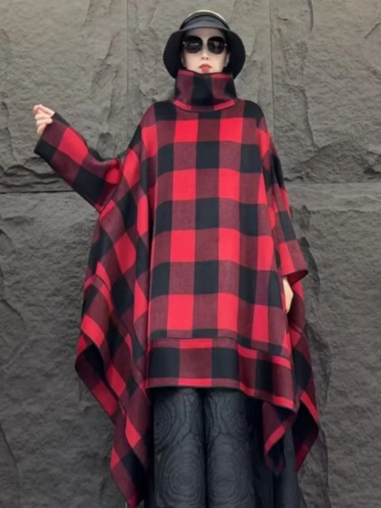 

Vefadisa 2024 Autumn Winter New Red Plaid Women Wool Coat Stand Collar Batwing Long Sleeve Irregular Mid-length Coat ZXY1195A