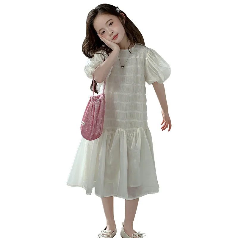 2024 Korean Summer School Girl Dress Teenager Girl Bubble Sleeve Onepiece Dress Children Girl Shiny Princess Dress Kids Dress