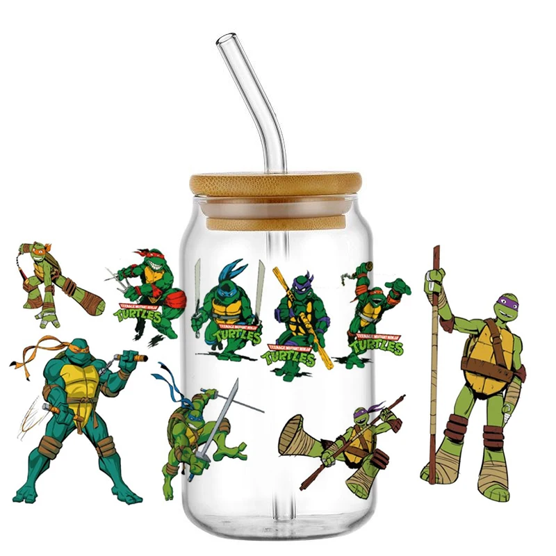 Miniso New Design Cartoon Tortoise Superhero Series Waterproof UV DTF Cup Mug Wraps Sticker UVDTF 3D Decal For 16oz Libbey Glass