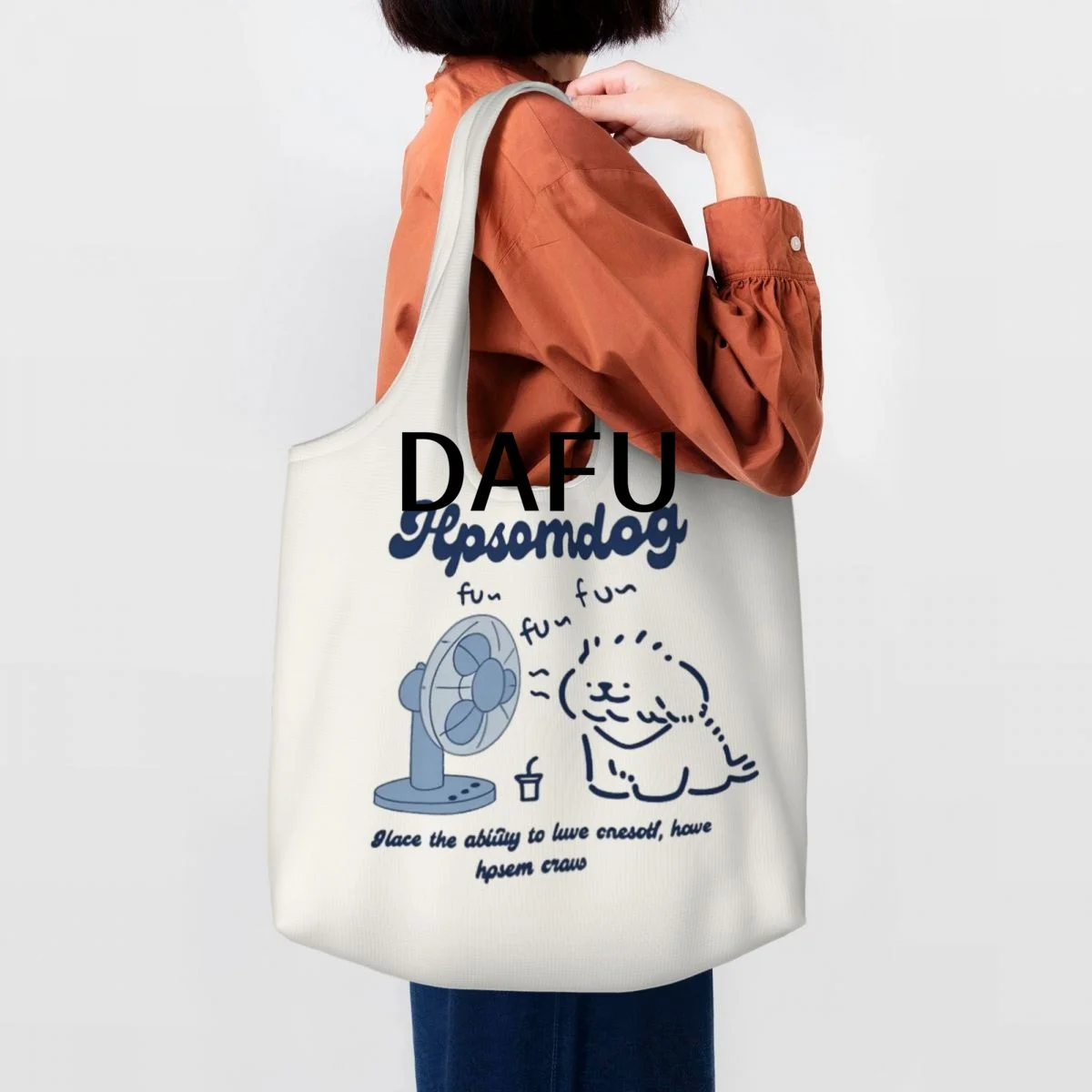 Happy Dog With A Fan Large Capacity Canvas Tote Bag Single Shoulder Work Commute Bag For Women Eco-Friendly Shopping Bag
