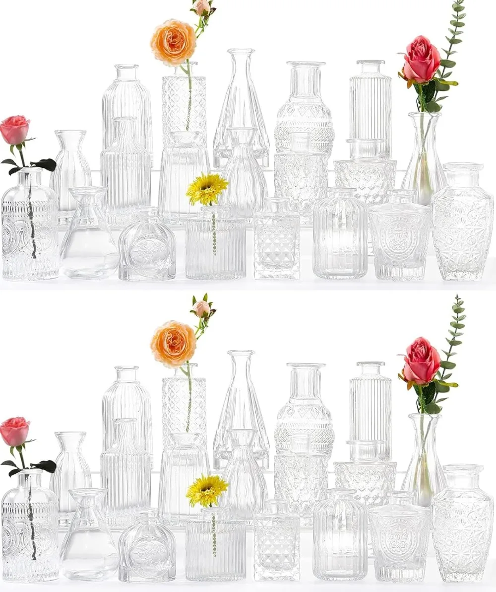 

QLOFEI 40Pcs Glass Bud Vases Set, Clear Vintage Small Glass for Centerpieces, Mini Flower Bulk for Rustic