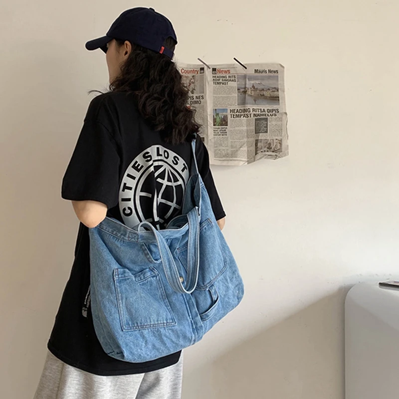 New Net Red Denim Shoulder Messenger Bag Casual Wild Portable Shopping Bag Canvas Tote Female Bag Light Blue