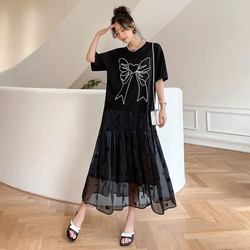 

Black Print T Shirt Dress Split Joint Pleated Mesh False Two Piece Long Dress Sexy Summer A-line Dress Short Sleeve Loose