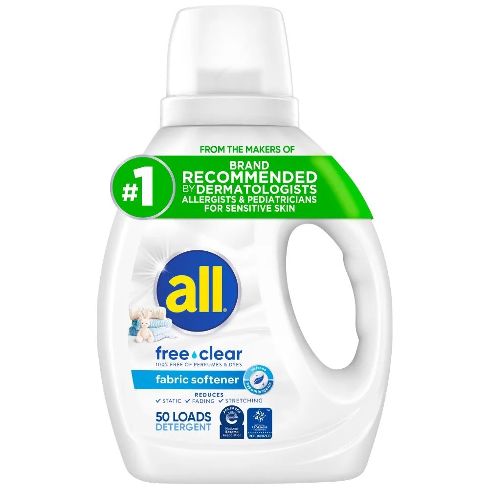 Free Clear Liquid Fabric Softener for Sensitive Skin Hypoallergenic 34 fl oz 50 Loads Laundry Detergent Additive Gentle Care