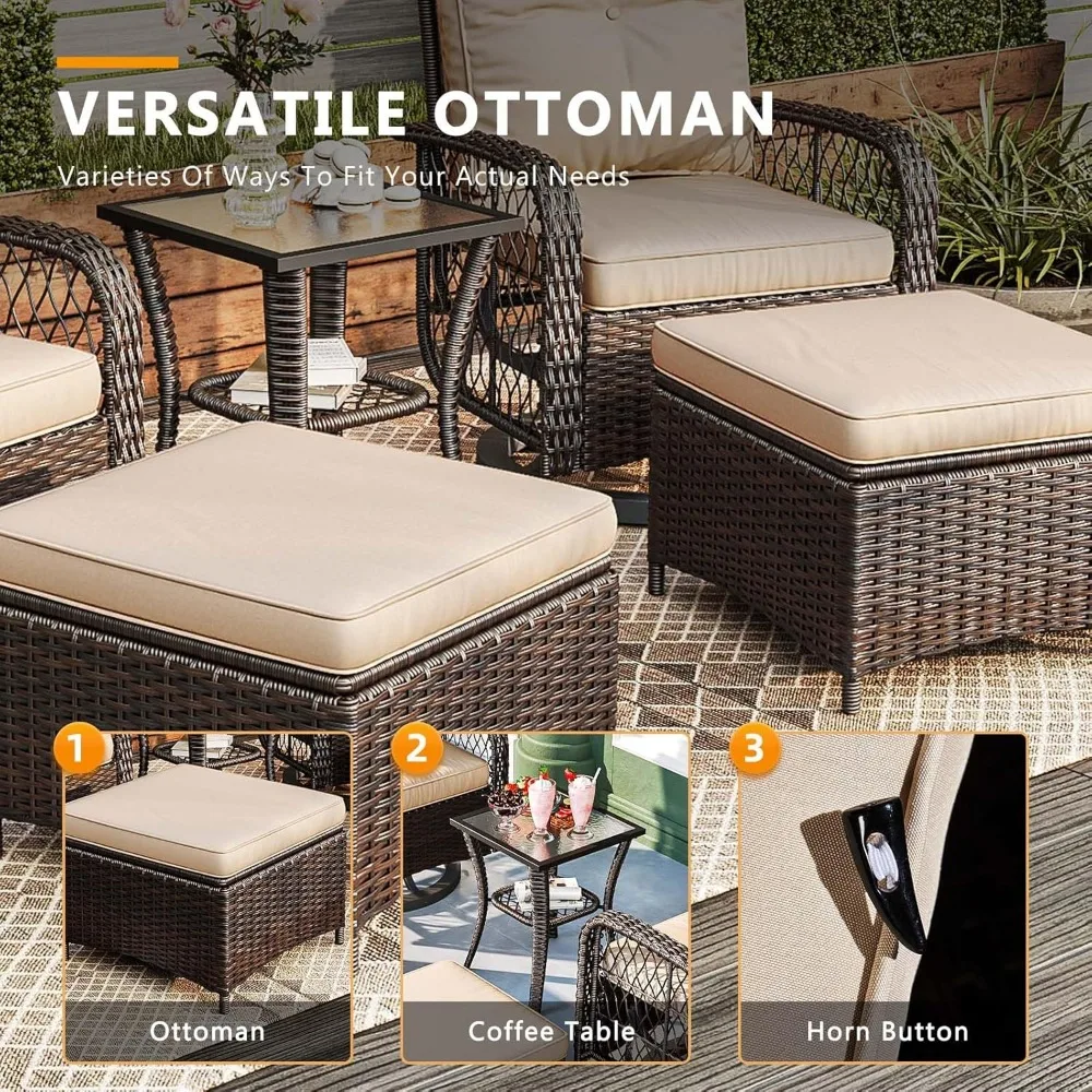 Ensemble de meubles de Patio 5 pièces, planeurs pivotants d'extérieur en rotin et osier avec 2 poufs, ensemble de bistro de Patio à bascule avec chaises à bascule et