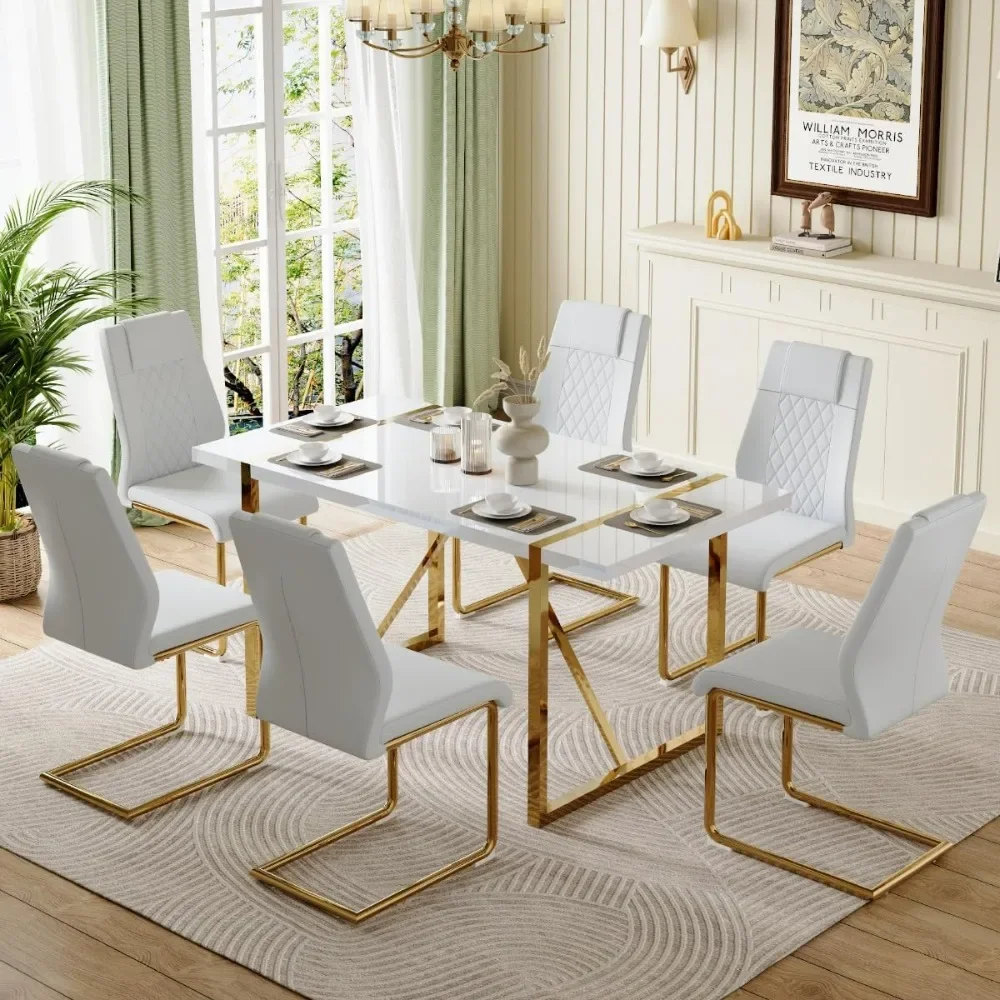 Conjunto de 7 peças para sala de jantar, conjunto de mesa de jantar moderna para 6 pessoas com estrutura de metal e assento acolchoado, tampo de mesa em laca para cozimento de piano.