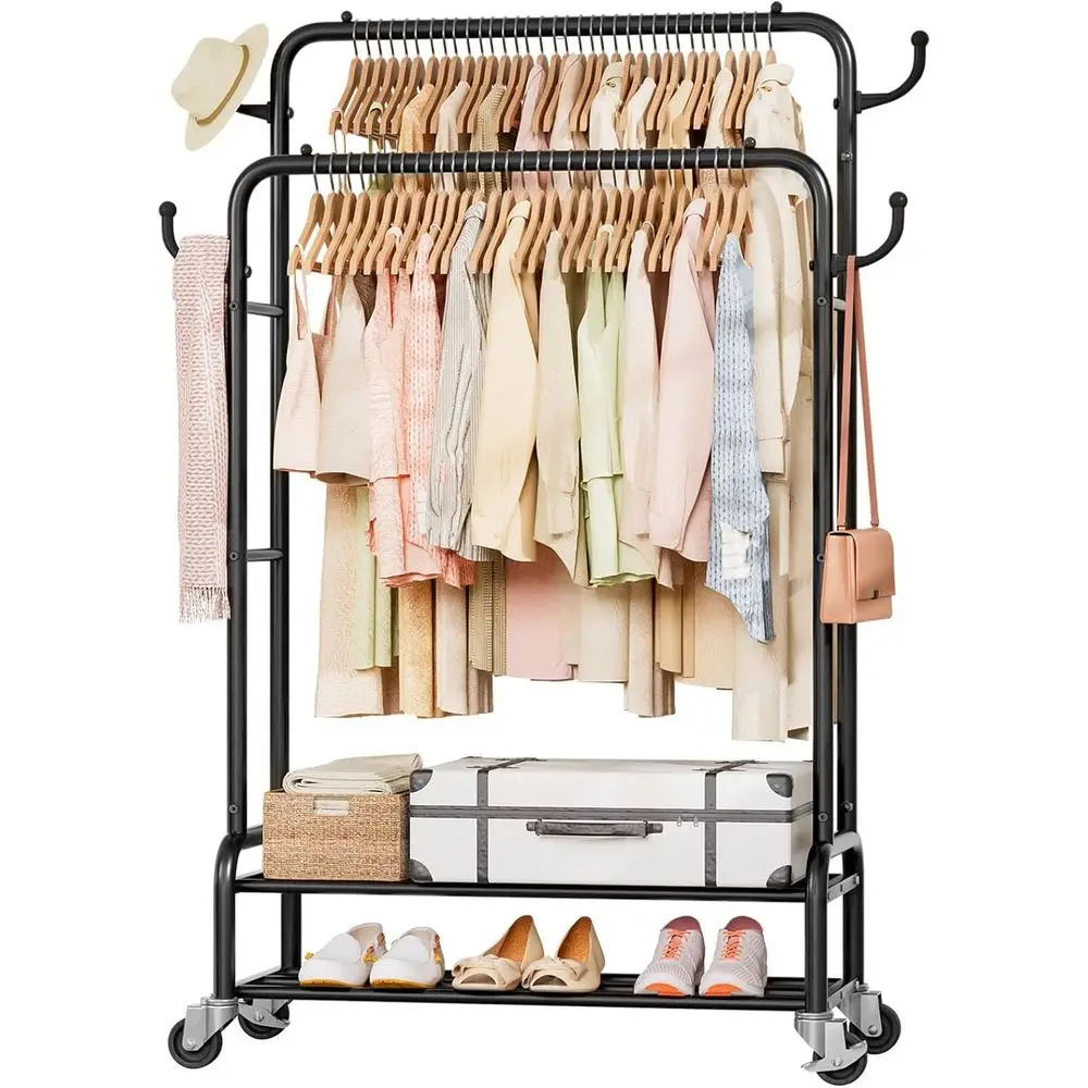 

Металлическая вешалка для одежды с двумя штангами - грузоподъемность 120 кг, сверхпрочная, для спальни или прачечной