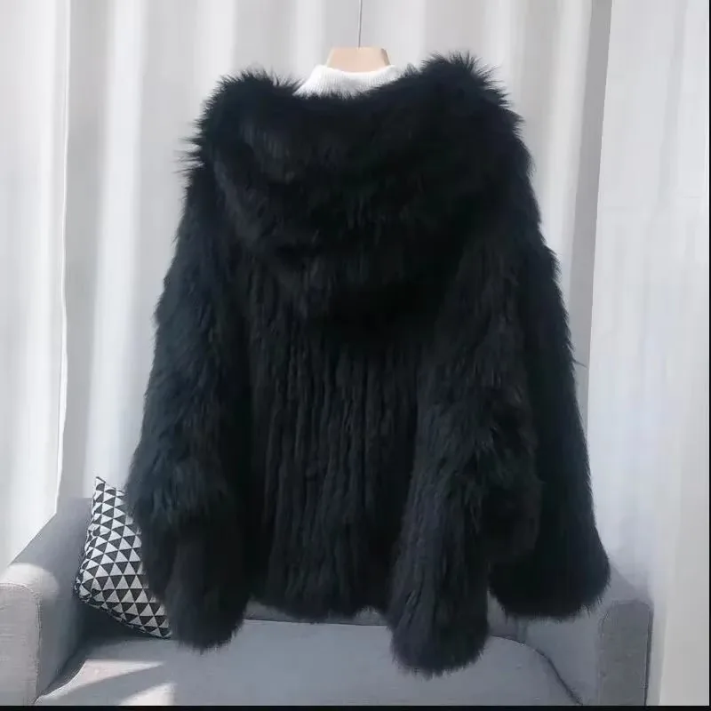 Abrigo de piel de zorro de imitación tejido de oso blanco grande para mujer, chaqueta larga con capucha, alta calidad y alto nivel de apariencia,