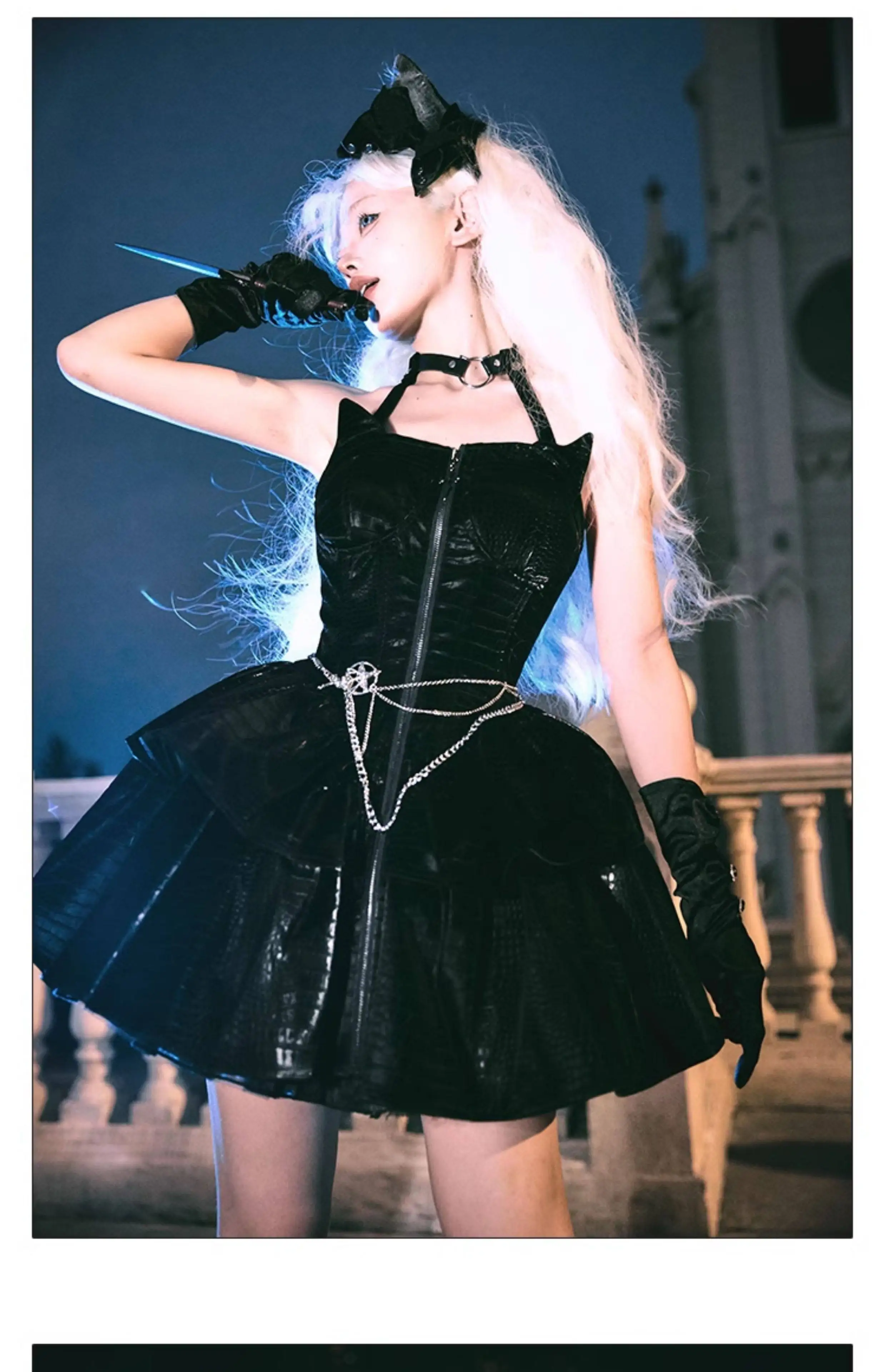 Dress for Women Dark Punk Lolita Mercerized Crocodile Pattern Leather Skirt Slim Fit JSK with Choker and Metal Waist Chain