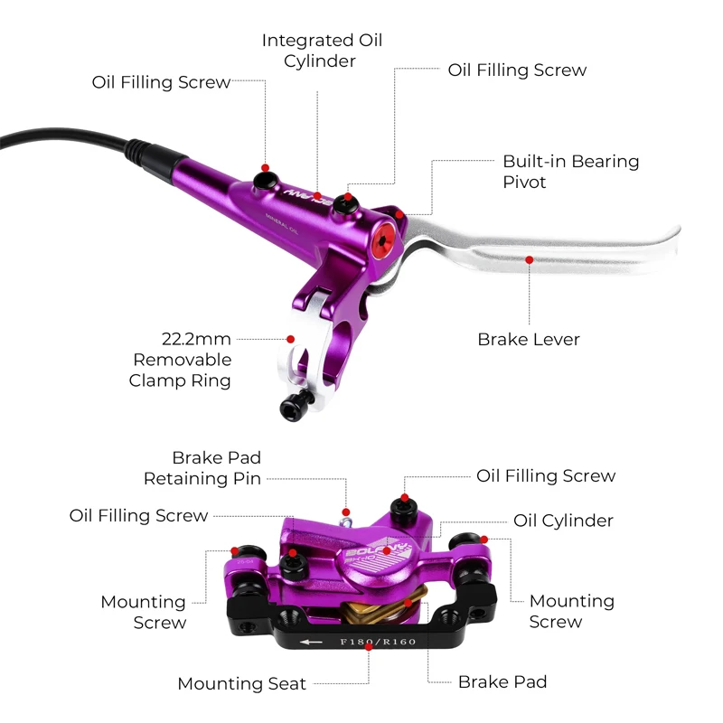 BOLANY Mountain Bike Hydraulic Brakes Front Rear Double Piston Caliper Set Force 160mm Rotors MTB Brakes Bicycle Accessories