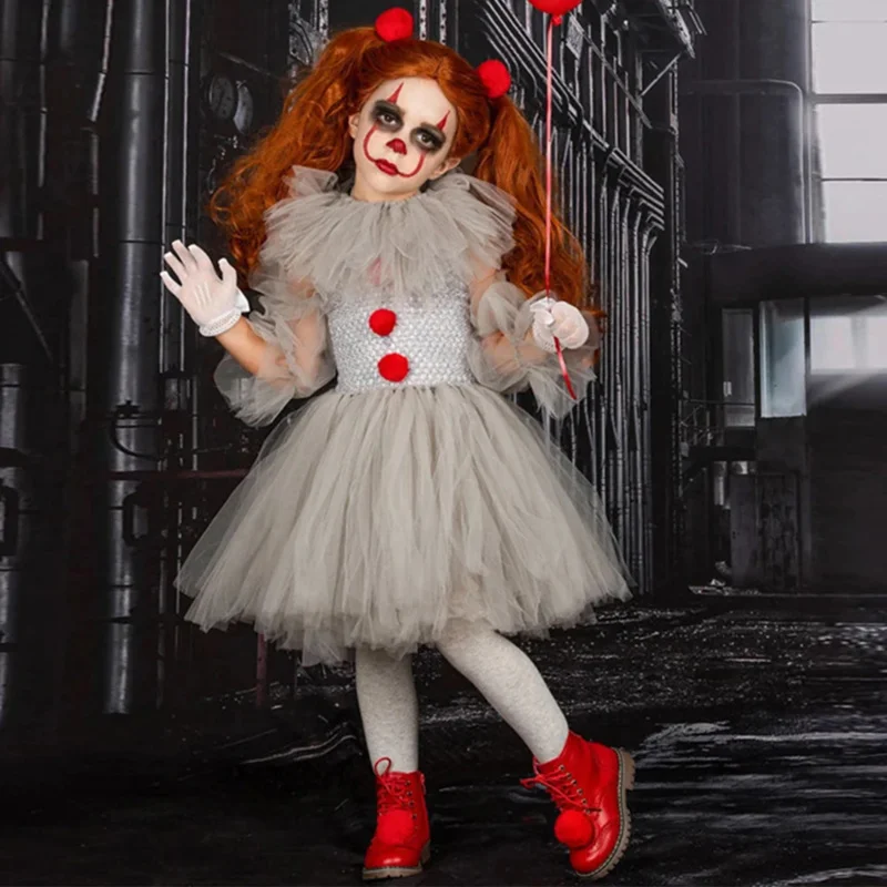 Bear's Den Halloween Girls Pennywise Tutu Kids Cosplay Scary Gray Clown Costume Girl Performance Dress Up Masque New 2025